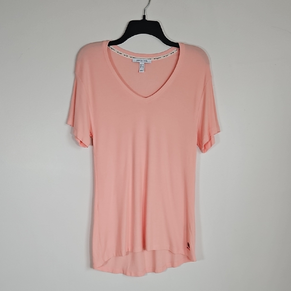 Peace Love World Perfect Ribbed V Neck Tee Coral Stretch Soft Casual XS